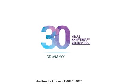 30 years anniversary celebration logotype. anniversary logo with watercolor purple and blue  isolated on white background, vector design for celebration, invitation card, and greeting card-vector