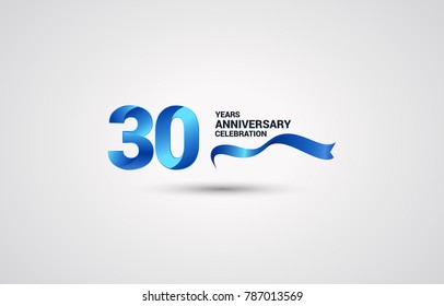 30 Years Anniversary celebration logotype colored with shiny blue, using ribbon and isolated on white background