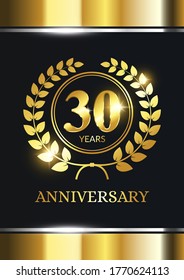 30 years anniversary celebration. Luxury celebration template with golden decoration on black background. Elegant vector template for invitation card, celebration, greeting cards and other.
