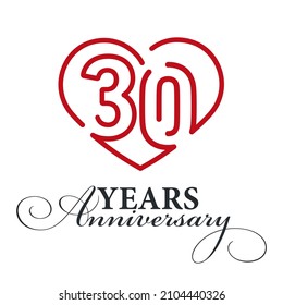 30 years anniversary celebration number thirty bounded by a loving heart red modern love line design logo icon white background