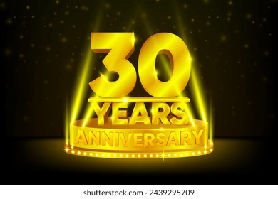 30 Years Anniversary Celebration. Anniversary podium. Anniversaries concept. Gold stage on black background. Vector illustration.