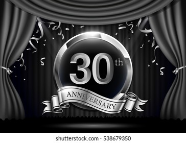 30 years anniversary celebration. with silver ribbon. Curtain background and light shine.