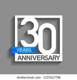 30 years anniversary celebration square style blue ribbon isolated on gray background