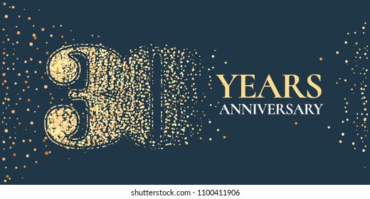 30 years anniversary celebration vector icon, logo. Template horizontal design element with golden glitter stamp for 30th anniversary greeting card 