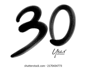30 Years Anniversary Celebration Vector Template, 30 Years  logo design, 30th birthday, Black Lettering Numbers brush drawing hand drawn sketch, number logo design vector illustration