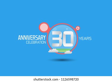 30 years anniversary design with pop art style red circle and cloud isolated on blue background