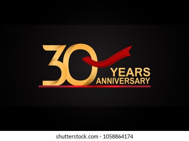 30 years anniversary design with red ribbon and golden color isolated on black background