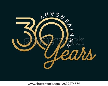 30 Years Anniversary design vector illustration. Unique 30 years logo design template. In gold color