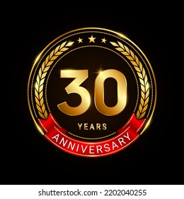 30 years anniversary, golden anniversary celebration logotype with red ribbon isolated on black background, vector illustration