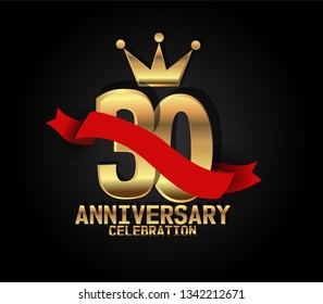 30 years Anniversary golden font with black background and red ribbon, and golden crown