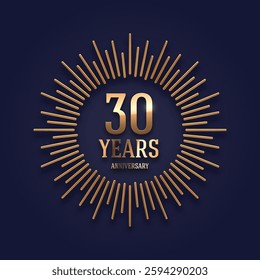 30 years Anniversary golden logo with realistic 3d gold metal sunburst rays. Vector illustration.