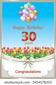 30 years anniversary. Happy birthday card on background of flowers and balloons with decorative ribbon and bow. Vector illustration
