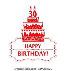 30 years anniversary. Happy birthday card. The birthday cake with candles in the form of number 30 icon. Vector illustration