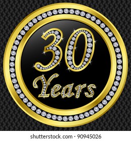 30 years anniversary, happy birthday golden icon with diamonds, vector illustration