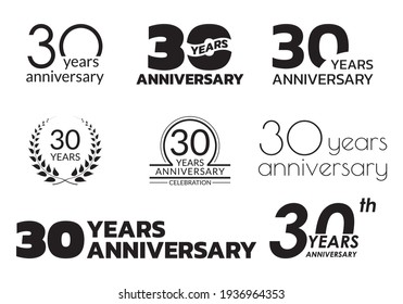 30 years anniversary icon or logo set. 30th birthday celebration badge or label for invitation card, jubilee design. Vector illustration.