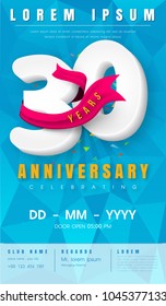30 years anniversary invitation card or emblem - celebration template design , 30th anniversary modern design elements with  background polygon and pink ribbon - vector illustration.