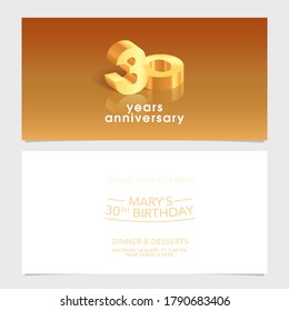 30 years anniversary invitation card vector illustration. Design template element with elegant 3D number for 30th birthday party invite