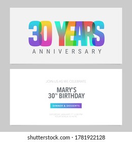 30 years anniversary invitation to celebration vector illustration. Graphic design element with multicolored composition for 30th birthday card, party invite