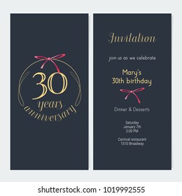 30 years anniversary invitation vector illustration. Graphic design template with golden number for 30th anniversary party or dinner invite 