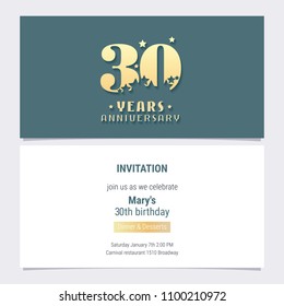 30 years anniversary invitation vector illustration. Template  design element for 30th birthday card, party invite 
