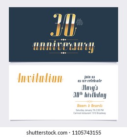 30 years anniversary invitation  vector illustration. Design template element with golden number and bodycopy for 30th birthday card, party invite 