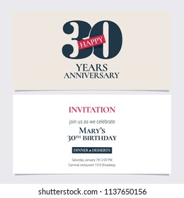 30 years anniversary invitation vector illustration. Graphic design template with elegant logo for 30th anniversary party or dinner invite 
