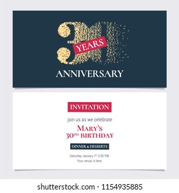 30 Years Anniversary Invitation Vector Illustration. Design Template With Golden Number For 30th Anniversary Party Or Dinner Invite With Body Copy 
