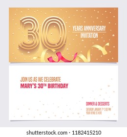 30 years anniversary invitation vector illustration. Design element with golden abstract background for 30th birthday card, party invite 