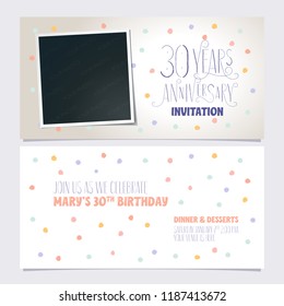 30 years anniversary invitation vector illustration. Design template with photo frame collage for 30th anniversary party  invite 