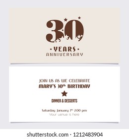 30 years anniversary invitation vector illustration. Design template element with elegant background for 30th birthday card, party invite 