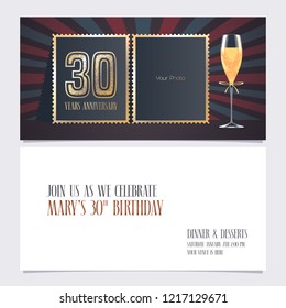 30 years anniversary invitation vector illustration. Graphic design template with collage of empty photo for 30th anniversary party  invite 