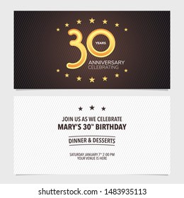 30 years anniversary invitation vector illustration. Design template element with abstract background for 30th birthday card, party invite 