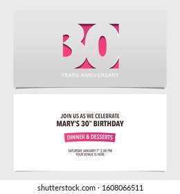 30 years anniversary invitation vector illustration. Design template element with modern style background for 30th birthday party invite