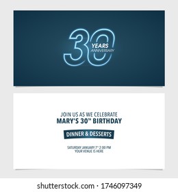 Ilustración vectorial de invitación de 30 años. Elemento de diseño de plantilla para la tarjeta de cumpleaños 30, invitación de fiesta