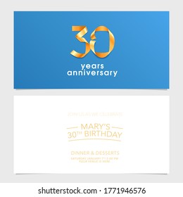 30 years anniversary invitation vector illustration. Design element with number made of ribbon for 30th birthday card, party invite