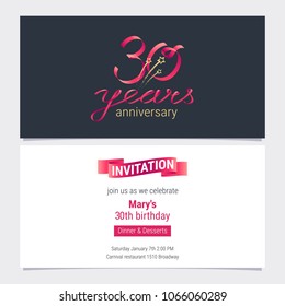 30 Years Anniversary Invite Vector Illustration. Graphic Design Element For 30th Birthday Card, Party Invitation 