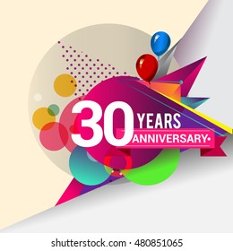30 Years Anniversary logo with balloon and colorful geometric background, vector design template elements for your birthday celebration.