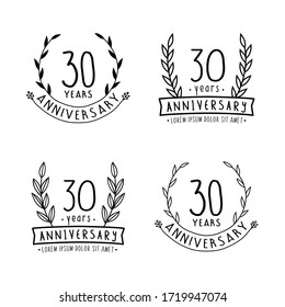 30 years anniversary logo collection. 30th years anniversary celebration hand drawn logotype. Vector and illustration.