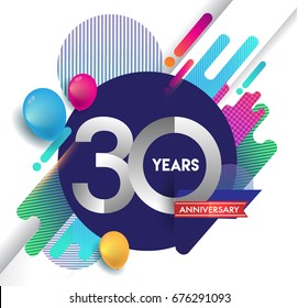 Logo de 30 años con colorido fondo abstracto, elementos de plantilla de diseño vectorial para tarjeta de invitación y afichar la celebración de tu cumpleaños.