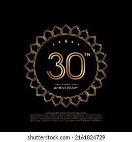 30 years anniversary logo with golden color and laurel, isolated on black background for booklet, leaflet, magazine, brochure poster, banner, web, invitation or greeting card. Vector illustrations.