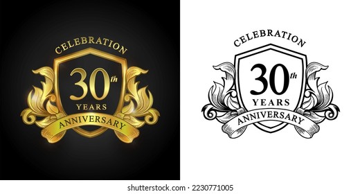 Logo de 30 años con escudo dorado y cinta para folletos, folletos, revistas, afiche de folletos, banner, web, invitación o tarjeta de saludo. Ilustraciones vectoriales.