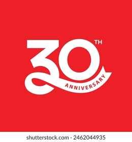 30 years anniversary logo in modern minimal concept. 30th anniversary template, icon, stamp, label with ribbon. Company or person Birthday celebration greeting card sign and symbol.