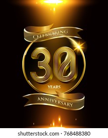 30 years anniversary logo with shiny ribbon and golden ring isolated on black background