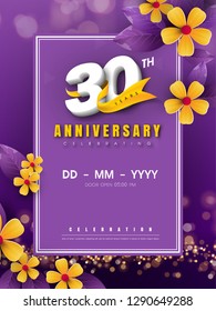 30 years anniversary logo template on golden flower and purple background. 30th celebrating white numbers with gold ribbon vector and bokeh design elements, anniversary invitation template card design
