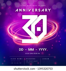 30 years anniversary logo template on purple Abstract futuristic space background. 30th modern technology design celebrating numbers with Hi-tech network digital technology concept design elements.