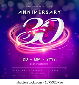 30 years anniversary logo template on purple Abstract futuristic space background. 30th modern technology design celebrating numbers with Hi-tech network digital technology concept design elements.