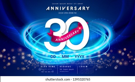 30 years anniversary logo template on dark blue Abstract futuristic space background. 30th modern technology design celebrating numbers with Hi-tech network digital technology concept design elements.