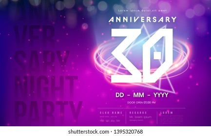 Plantilla de logo de 30 años sobre el fondo violeta del espacio futurista abstracto. 30º diseño de tecnología moderna celebrando números con elementos de diseño de concepto de tecnología digital de red de alta tecnología.