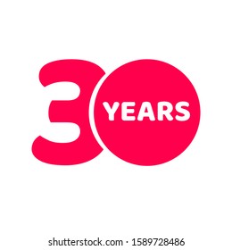 30 years anniversary logo template isolated, red number 30th with text icon label, thirty year birthday sign or symbol