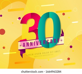 Plantilla de logo con logo de 30 años sobre amarillo Resumen de fondo moderno. 30º diseño de fondo moderno celebrando los números con elementos de diseño de fondo colorido.